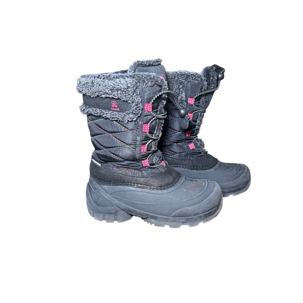 Kamik Kids Waterproof Snow Boots Black Pink Quilted Fur Trim‎ Size 2